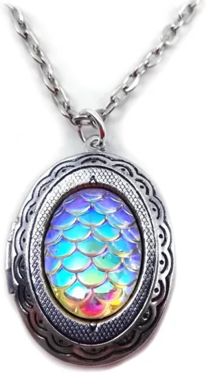 Small Oval silver toned Dragon Egg Scale Locket Necklace - Mermaid Pendant with 18 inch Chain