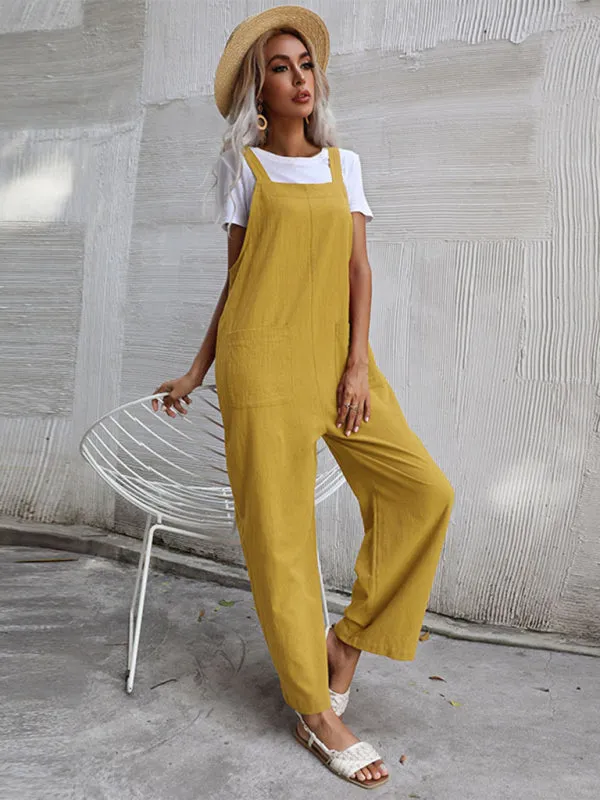 Solid Loose Bib Overalls - Flowy Harem Pantsuits