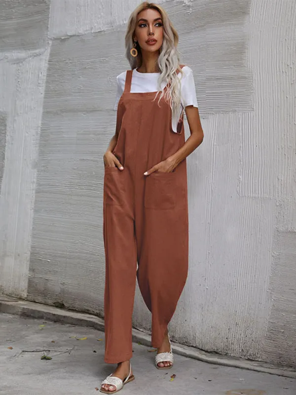 Solid Loose Bib Overalls - Flowy Harem Pantsuits