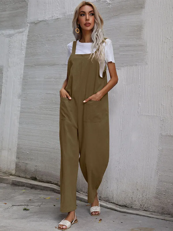 Solid Loose Bib Overalls - Flowy Harem Pantsuits