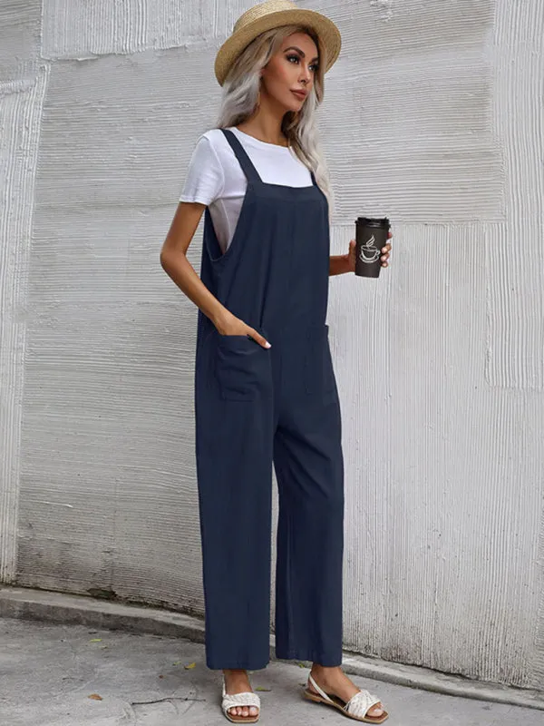 Solid Loose Bib Overalls - Flowy Harem Pantsuits