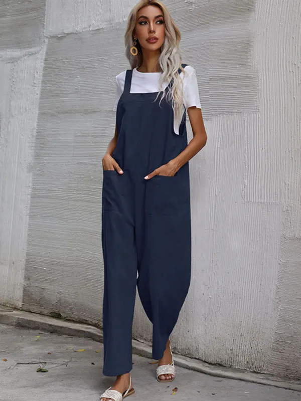 Solid Loose Bib Overalls - Flowy Harem Pantsuits