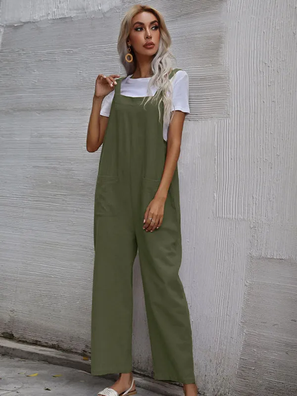 Solid Loose Bib Overalls - Flowy Harem Pantsuits