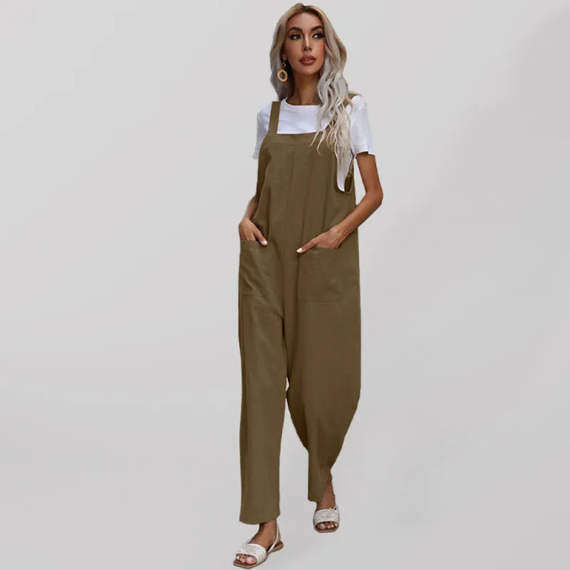 Solid Loose Bib Overalls - Flowy Harem Pantsuits