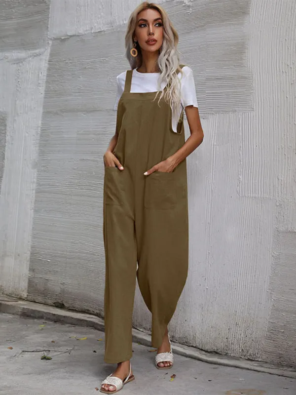 Solid Loose Bib Overalls - Flowy Harem Pantsuits