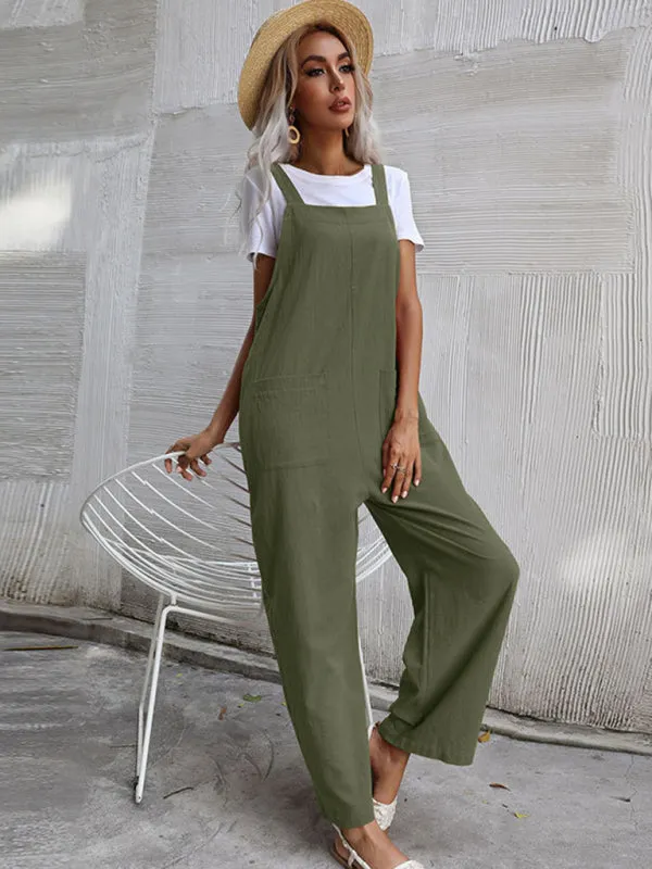 Solid Loose Bib Overalls - Flowy Harem Pantsuits