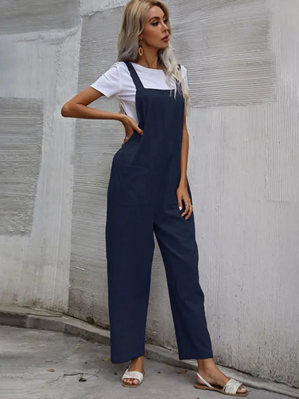 Solid Loose Bib Overalls - Flowy Harem Pantsuits
