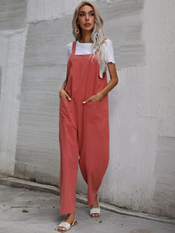 Solid Loose Bib Overalls - Flowy Harem Pantsuits