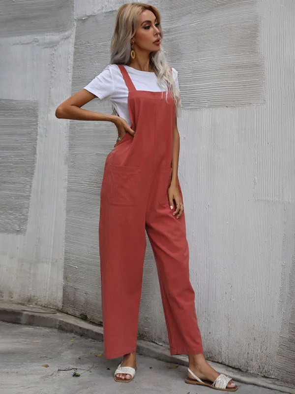 Solid Loose Bib Overalls - Flowy Harem Pantsuits