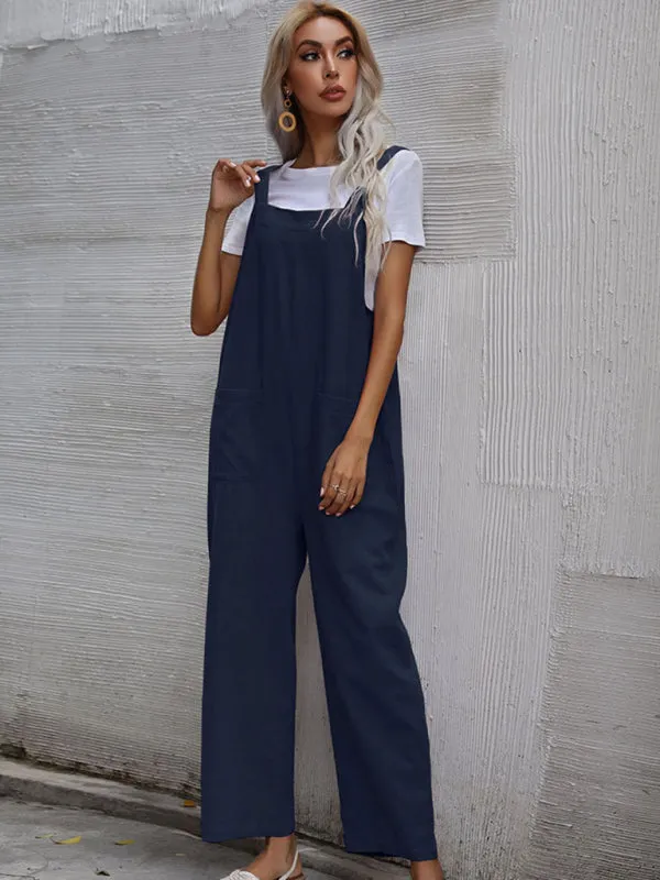 Solid Loose Bib Overalls - Flowy Harem Pantsuits