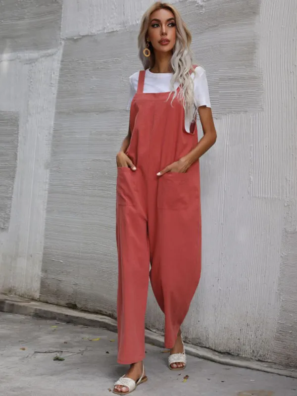 Solid Loose Bib Overalls - Flowy Harem Pantsuits