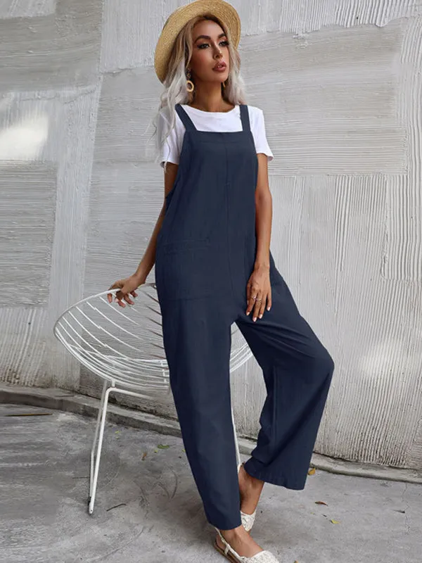 Solid Loose Bib Overalls - Flowy Harem Pantsuits