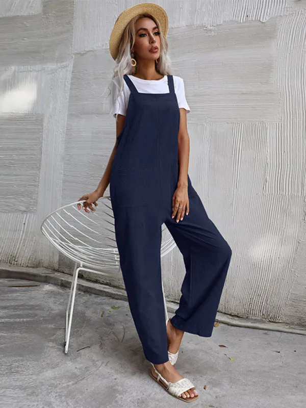 Solid Loose Bib Overalls - Flowy Harem Pantsuits