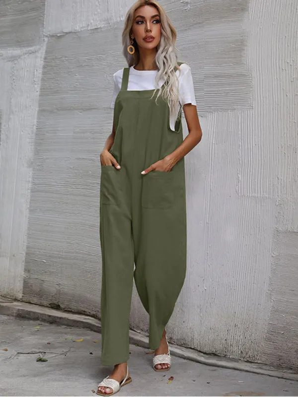 Solid Loose Bib Overalls - Flowy Harem Pantsuits