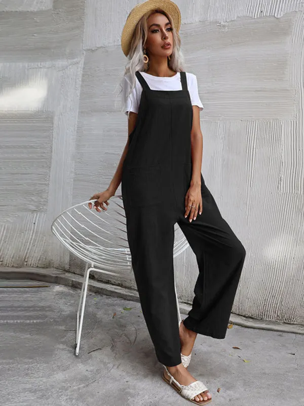 Solid Loose Bib Overalls - Flowy Harem Pantsuits