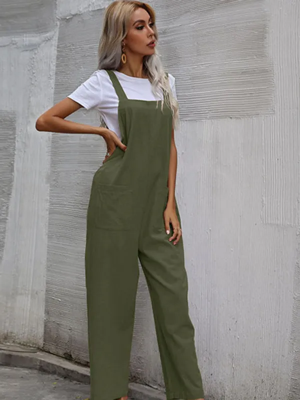 Solid Loose Bib Overalls - Flowy Harem Pantsuits