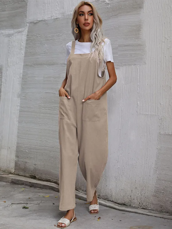 Solid Loose Bib Overalls - Flowy Harem Pantsuits