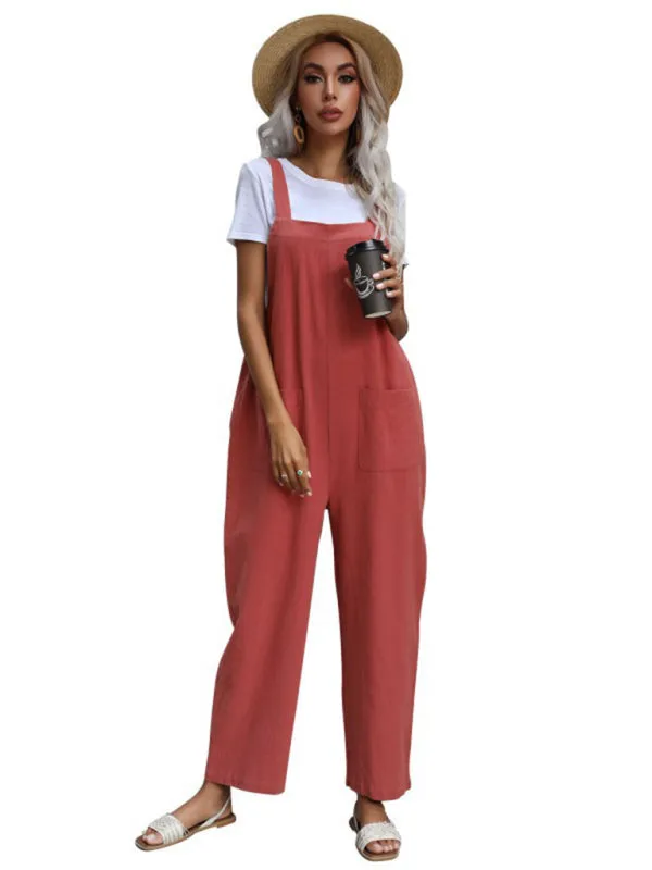 Solid Loose Bib Overalls - Flowy Harem Pantsuits