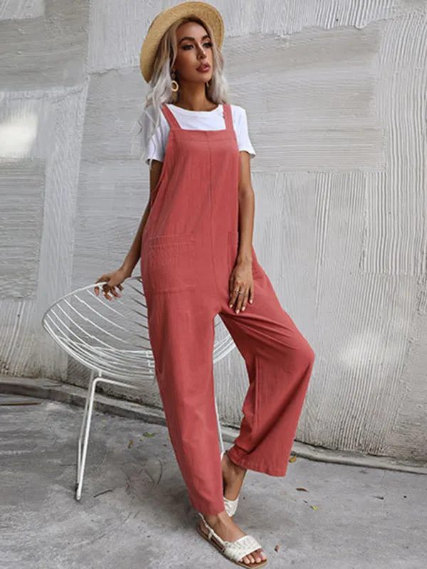 Solid Loose Bib Overalls - Flowy Harem Pantsuits