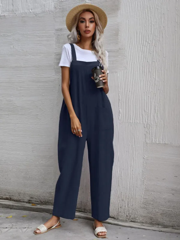 Solid Loose Bib Overalls - Flowy Harem Pantsuits