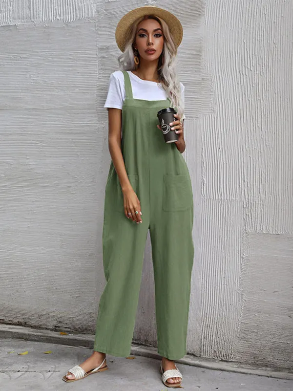 Solid Loose Bib Overalls - Flowy Harem Pantsuits