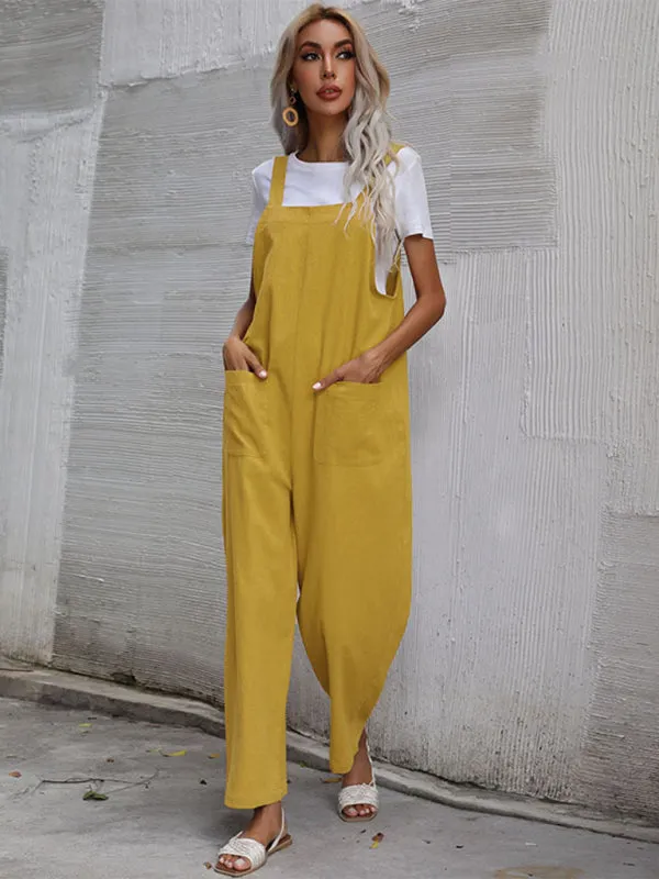 Solid Loose Bib Overalls - Flowy Harem Pantsuits