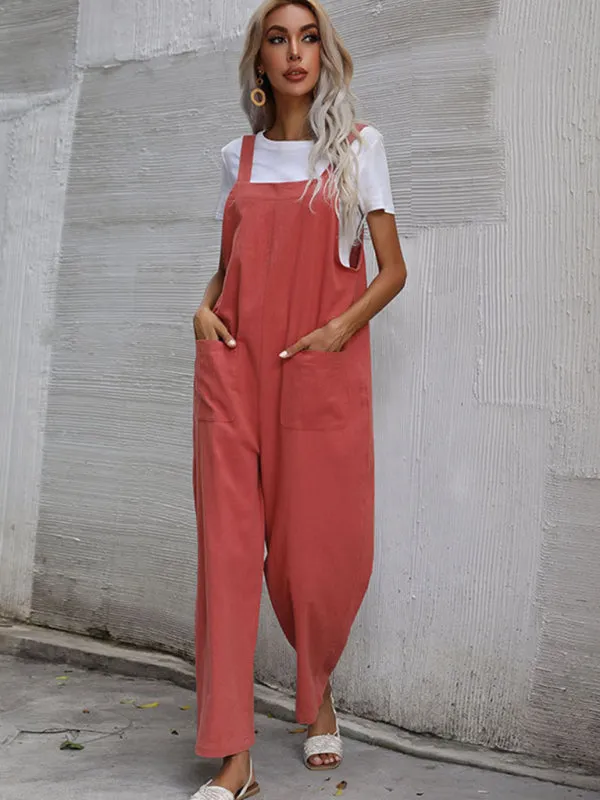 Solid Loose Bib Overalls - Flowy Harem Pantsuits