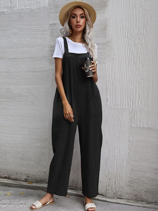 Solid Loose Bib Overalls - Flowy Harem Pantsuits