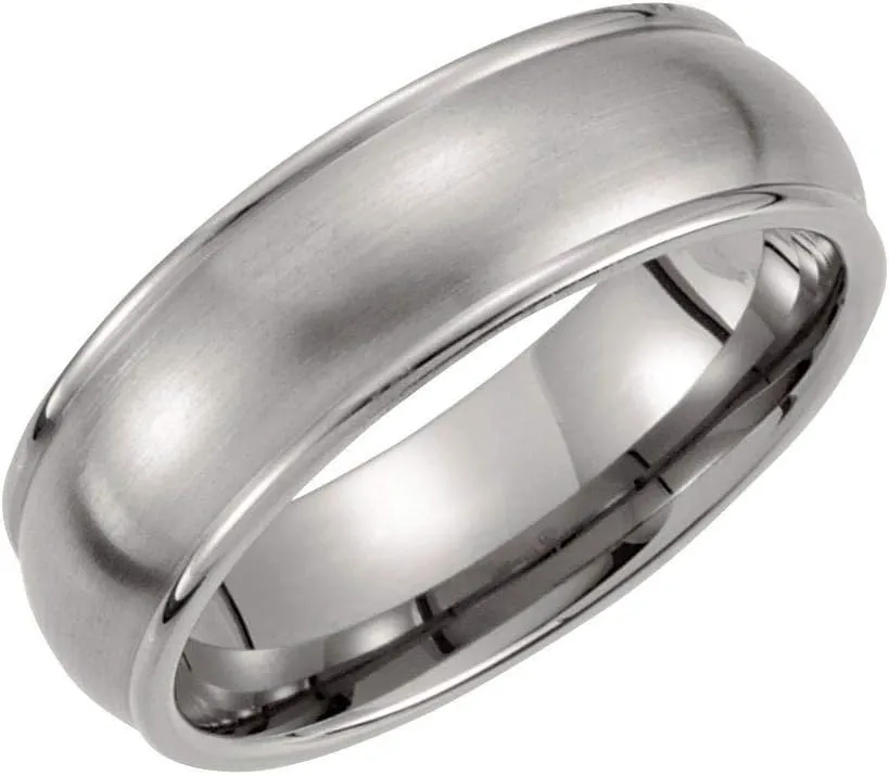 Solid Titanium 7mm Grooved and Matte Brushed Satin Wedding Band Ring Comfort Fit - Size 7.5
