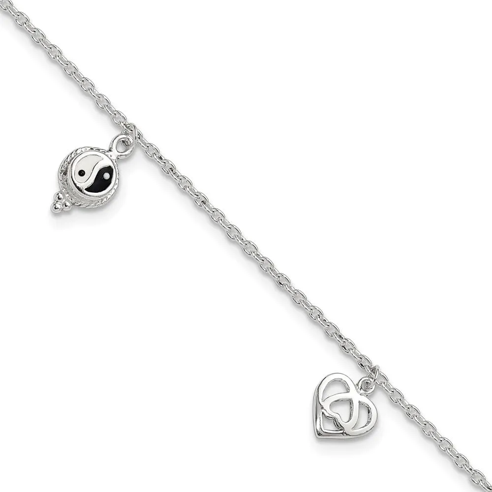 Sonia Jewels Real 925 Sterling Silver Enamel Hearts and Peace Sign 8in with 1in Extension Anklet - with Secure Lobster Lock Clasp 8"