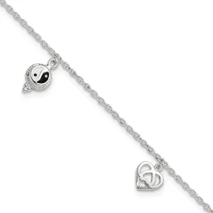 Sonia Jewels Real 925 Sterling Silver Enamel Hearts and Peace Sign 8in with 1in Extension Anklet - with Secure Lobster Lock Clasp 8"