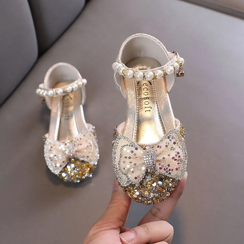 Sparkling High Heel Sandals for Little Princesses Colorful Pearl Bow Sandals