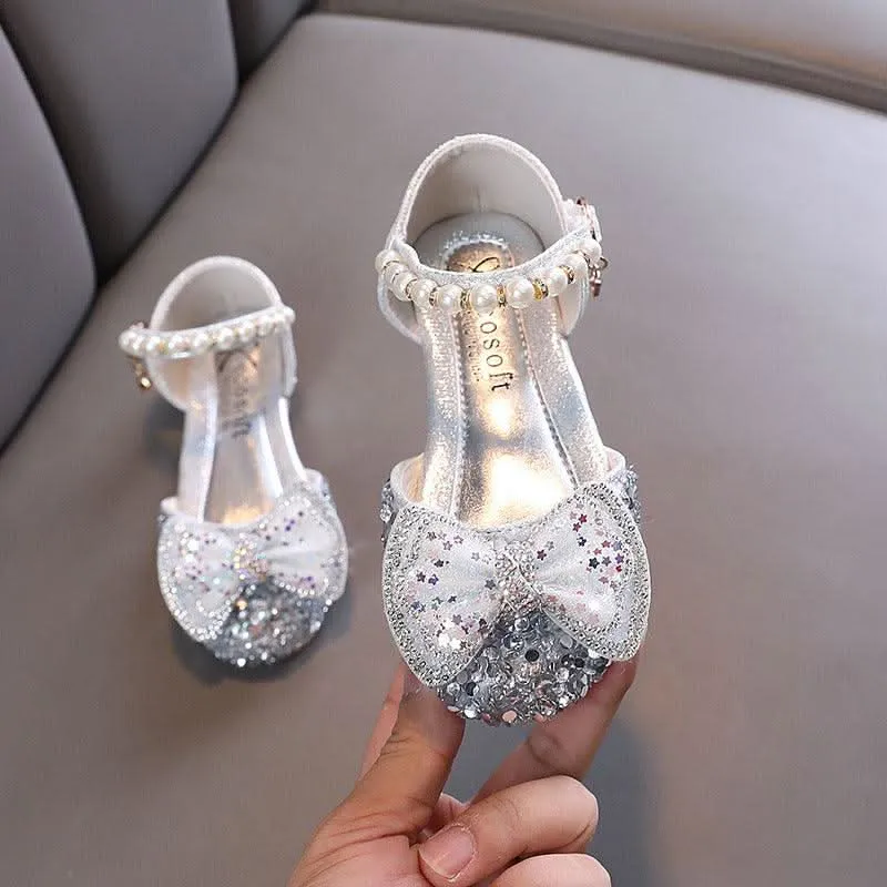 Sparkling High Heel Sandals for Little Princesses Colorful Pearl Bow Sandals