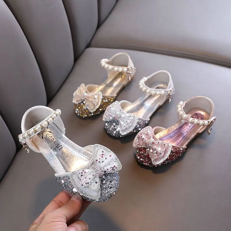 Sparkling High Heel Sandals for Little Princesses Colorful Pearl Bow Sandals