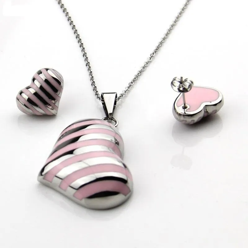 Stainless Steel Jewelry Big Heart Enamel Jewelry Set for Women in Silver Color