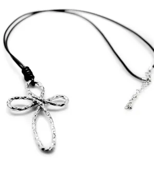 Stainless Steel Leather Cord Hammered Cross Pendant Necklace