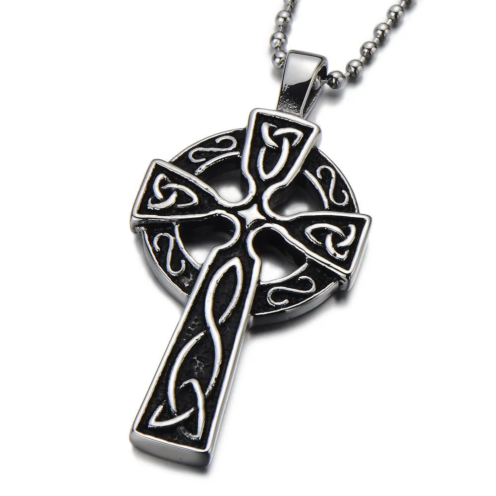 Stainless Steel Mens Celtic Cross Pendant Necklace with 23.6 in Ball Chain