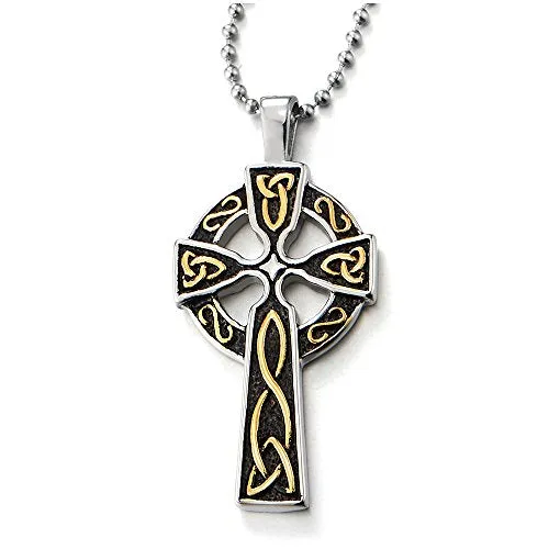 Stainless Steel Mens Celtic Cross Pendant Necklace with 23.6 in Ball Chain