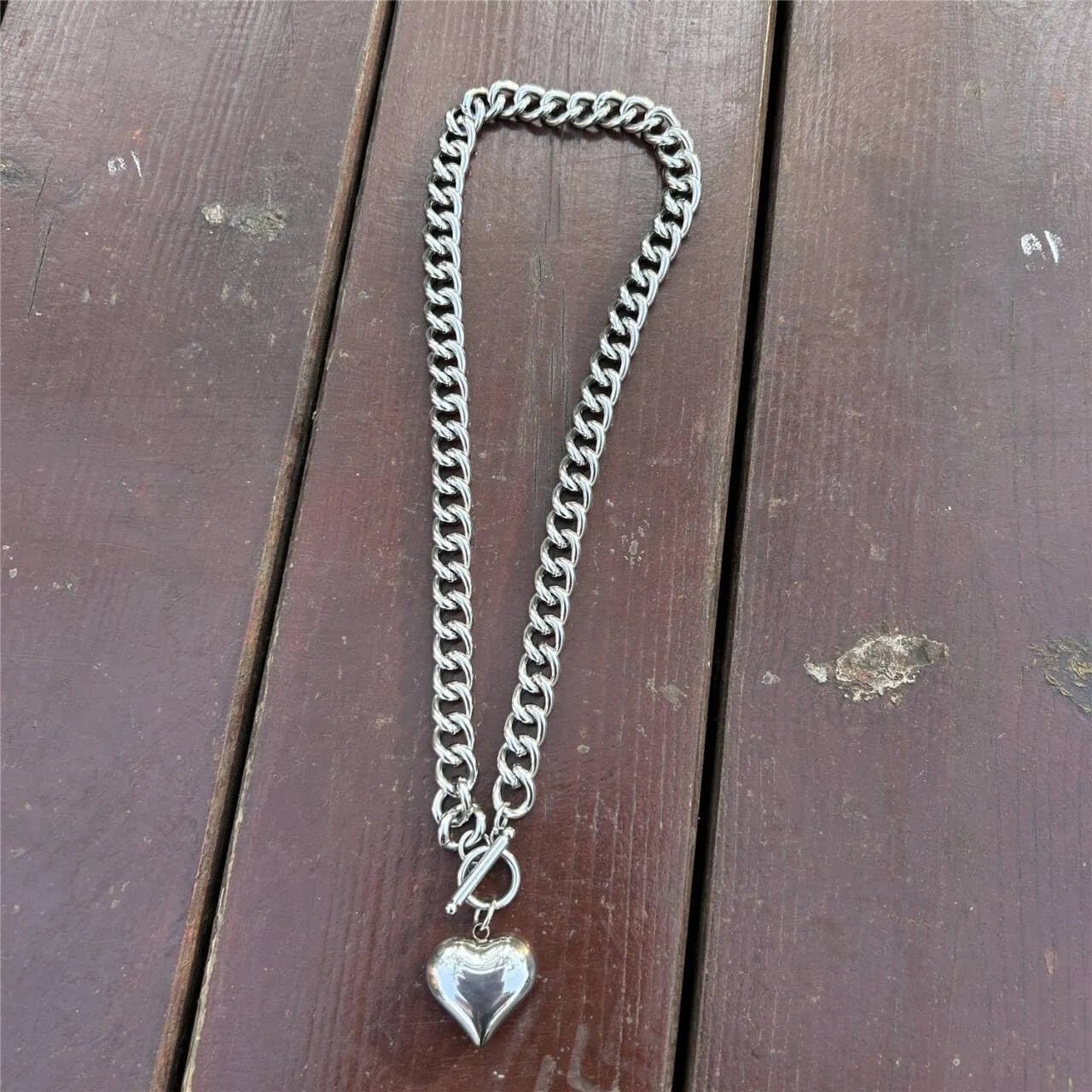 Stainless Steel Statement Chunky Big Puffy Heart Pendant Toggle Necklace for Women Thick Statement Chain Link Necklaces for Lover