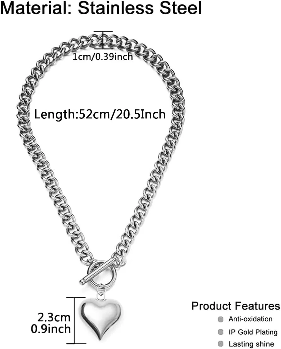 Stainless Steel Statement Chunky Big Puffy Heart Pendant Toggle Necklace for Women Thick Statement Chain Link Necklaces for Lover