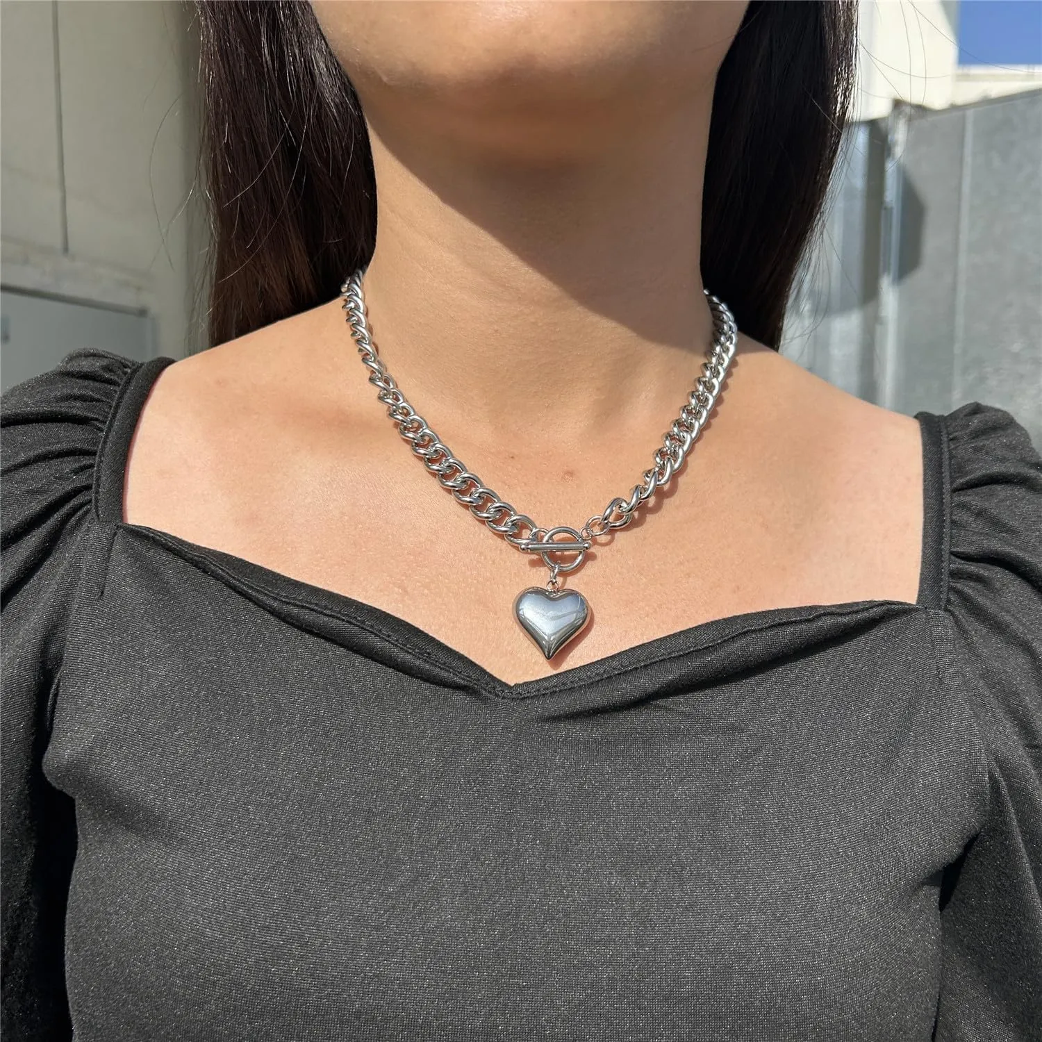 Stainless Steel Statement Chunky Big Puffy Heart Pendant Toggle Necklace for Women Thick Statement Chain Link Necklaces for Lover