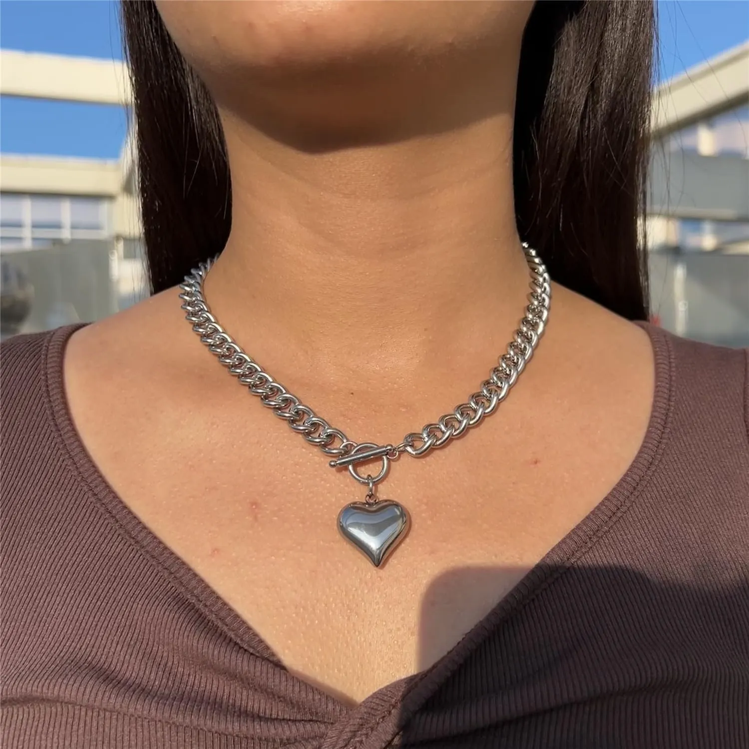 Stainless Steel Statement Chunky Big Puffy Heart Pendant Toggle Necklace for Women Thick Statement Chain Link Necklaces for Lover