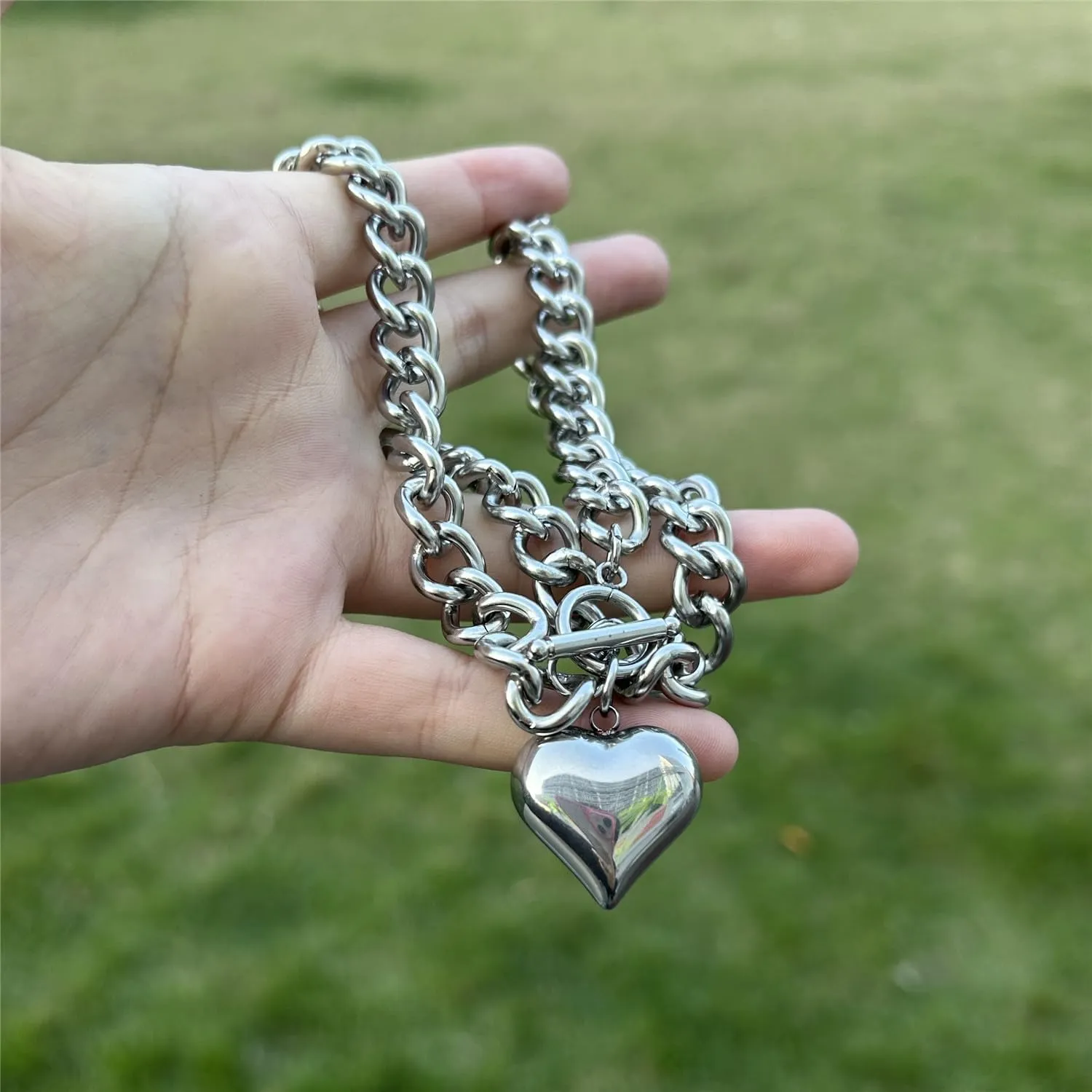 Stainless Steel Statement Chunky Big Puffy Heart Pendant Toggle Necklace for Women Thick Statement Chain Link Necklaces for Lover