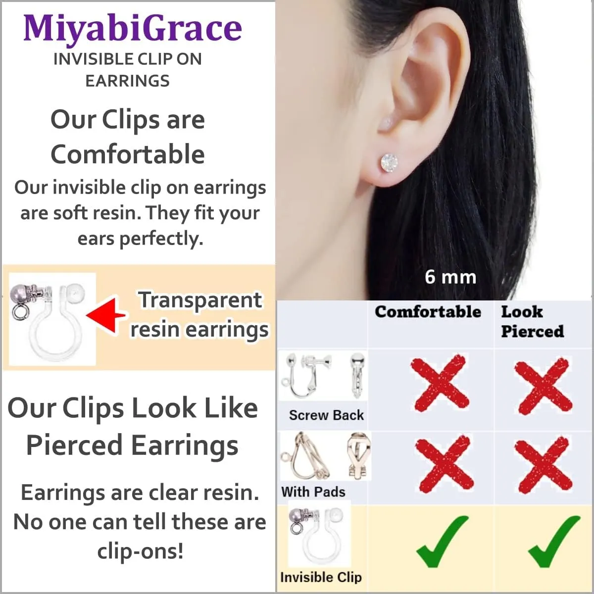 Star Clear Swarovski Crystal Invisible Clip On Stud Earrings Blue Light Orange Purple Silver Square Rhinestone Screw Back Gold Dangle Clip Earrings Miyabi Grace