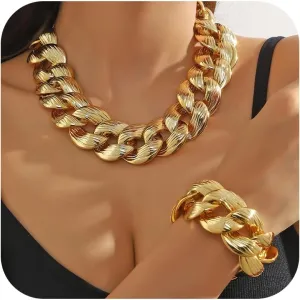 Statement Chunky Gold Necklace and Earring Set for Women Statement Jewelry Set with Chunky Gold Chain Necklace and Matching Earrings