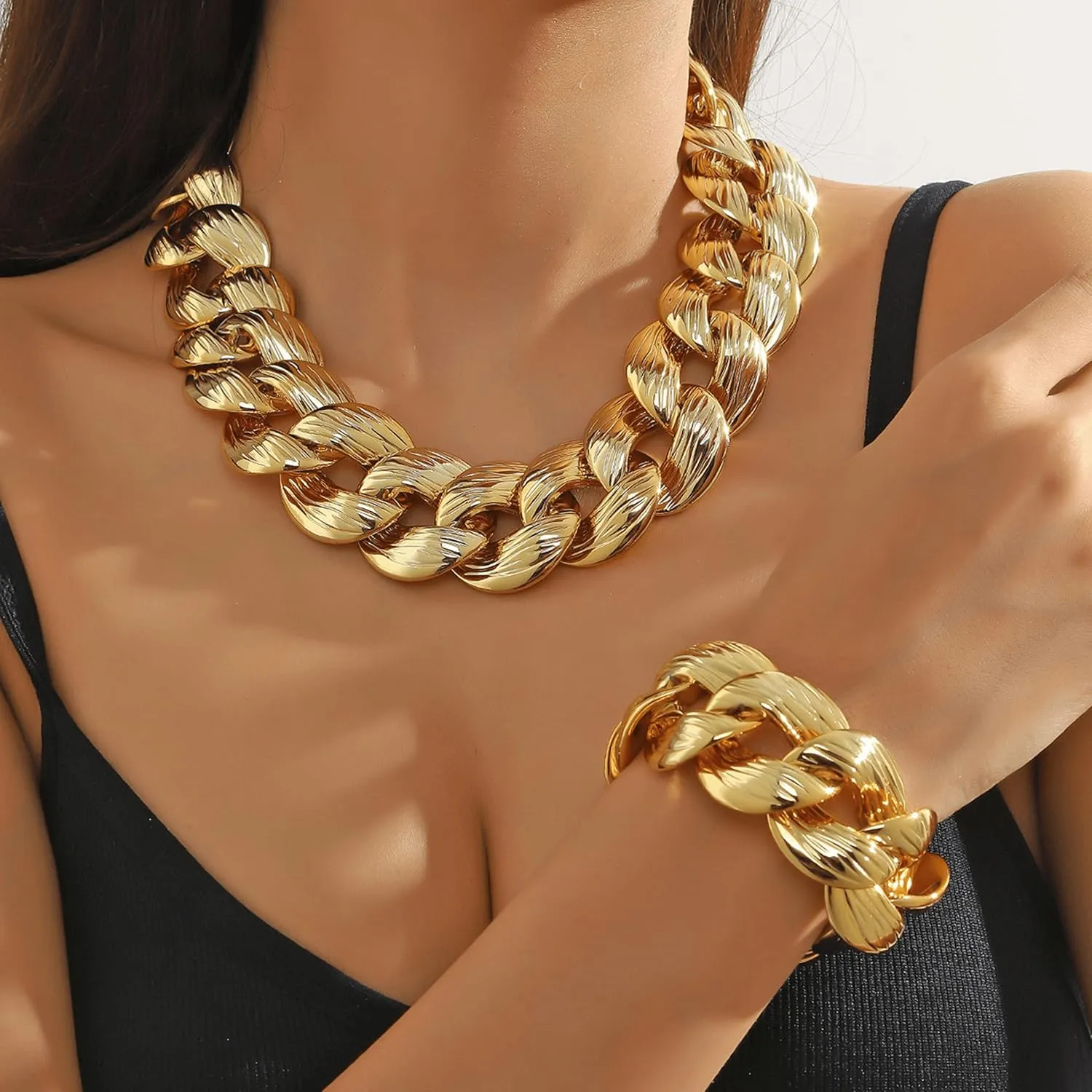 Statement Chunky Gold Necklace and Earring Set for Women Statement Jewelry Set with Chunky Gold Chain Necklace and Matching Earrings