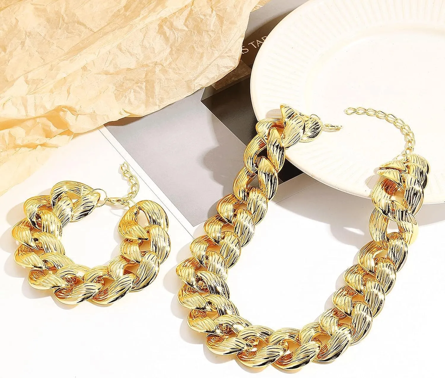Statement Chunky Gold Necklace and Earring Set for Women Statement Jewelry Set with Chunky Gold Chain Necklace and Matching Earrings