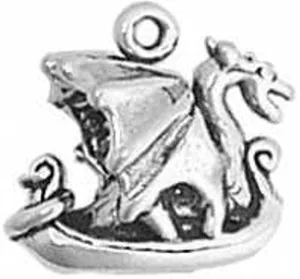 Sterling Silver 7" 4.5mm Charm Bracelet With Attached 3D Dragon Viking Ship Charm