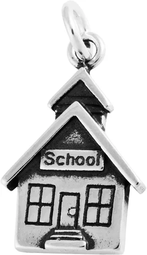 Sterling Silver 7" 4.5mm Charm Bracelet With Attached Flat School House Building Charm