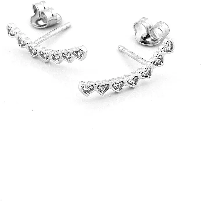Sterling Silver 925 Heart shape Ear Climber Earrings, CZ Curved Bar Hearts Earrings, Valentines Day Chic Jewelry for Women Jewelry